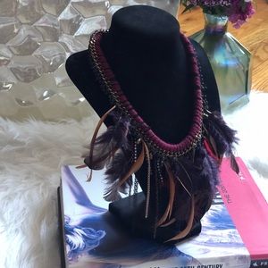 Burgundy Thread Wrapped Feather Fringe Necklace